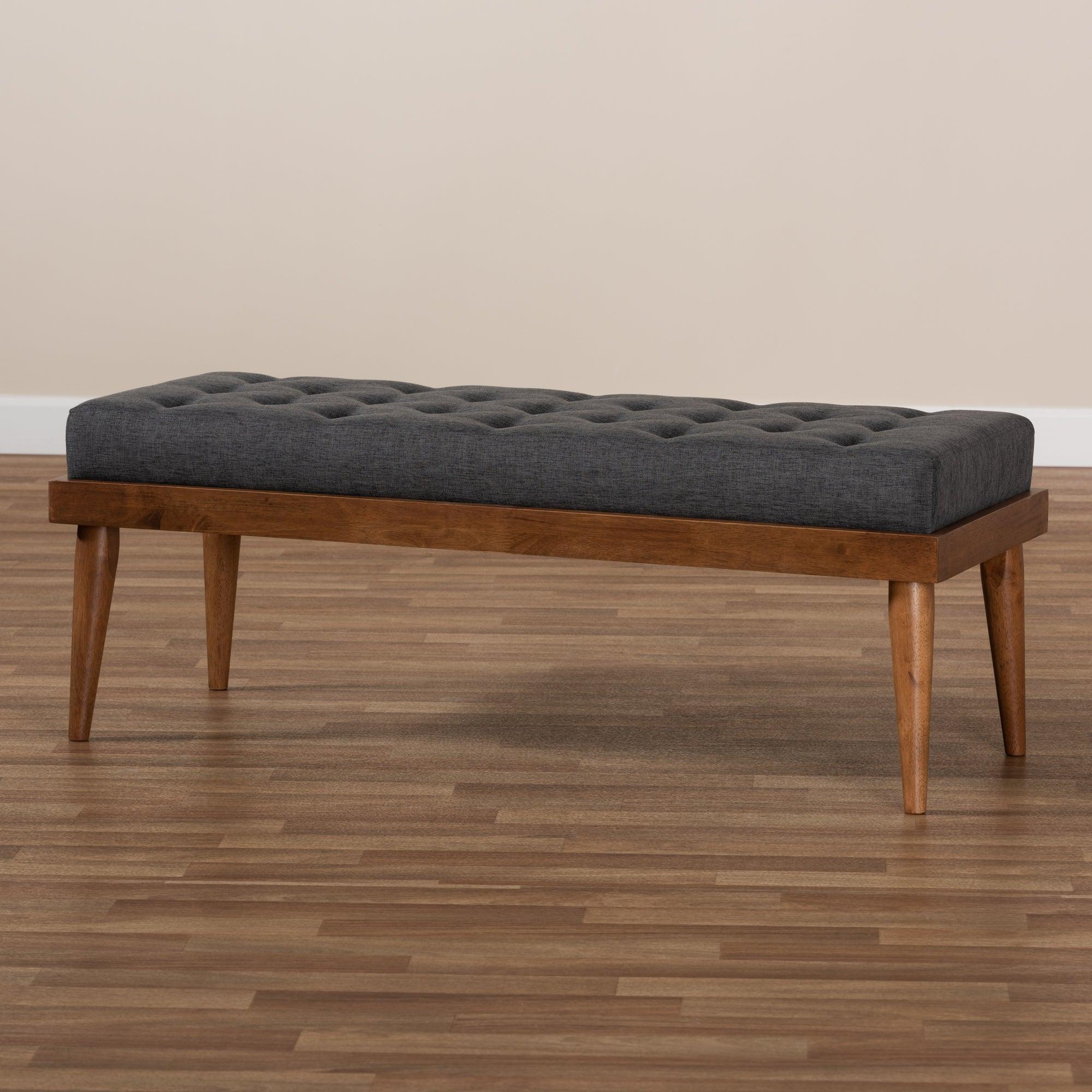 Linus Mid-Century Modern Dark Fabric Upholstered and Button Tufted Wood Bench