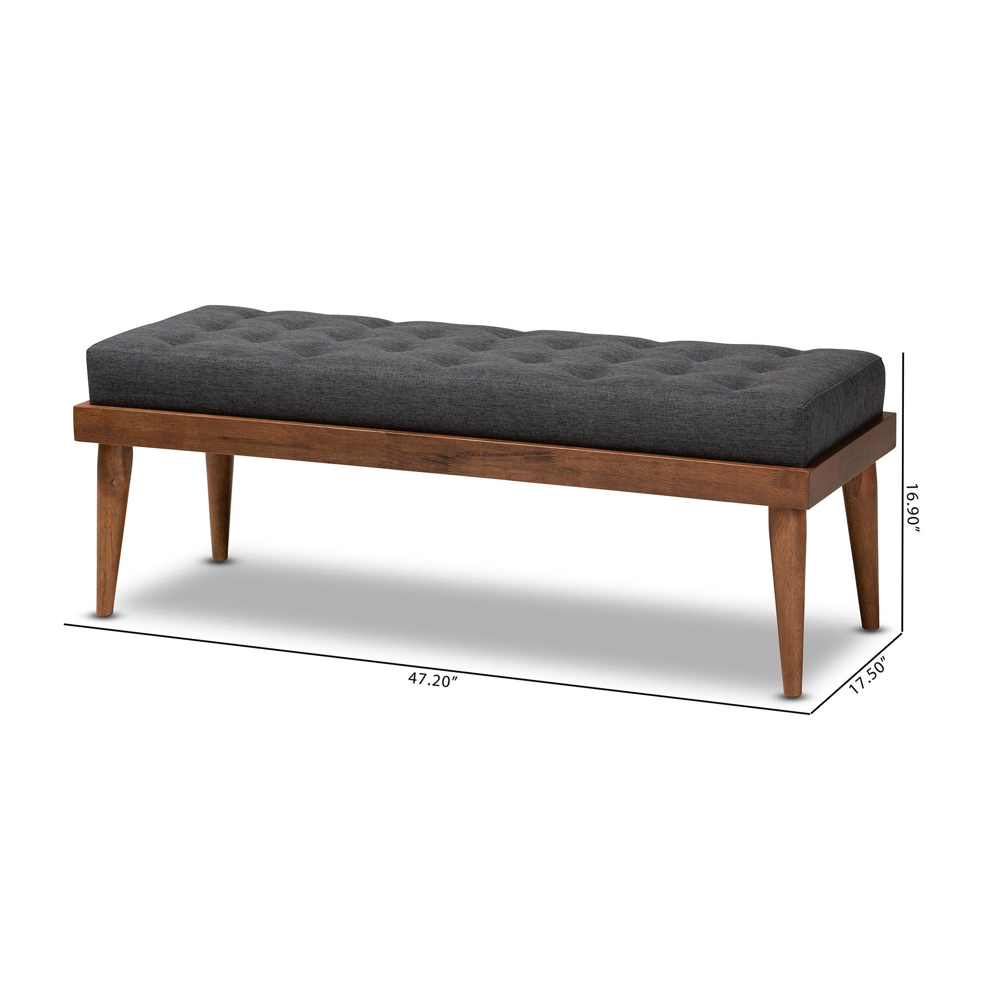 Linus Mid-Century Modern Dark Fabric Upholstered and Button Tufted Wood Bench