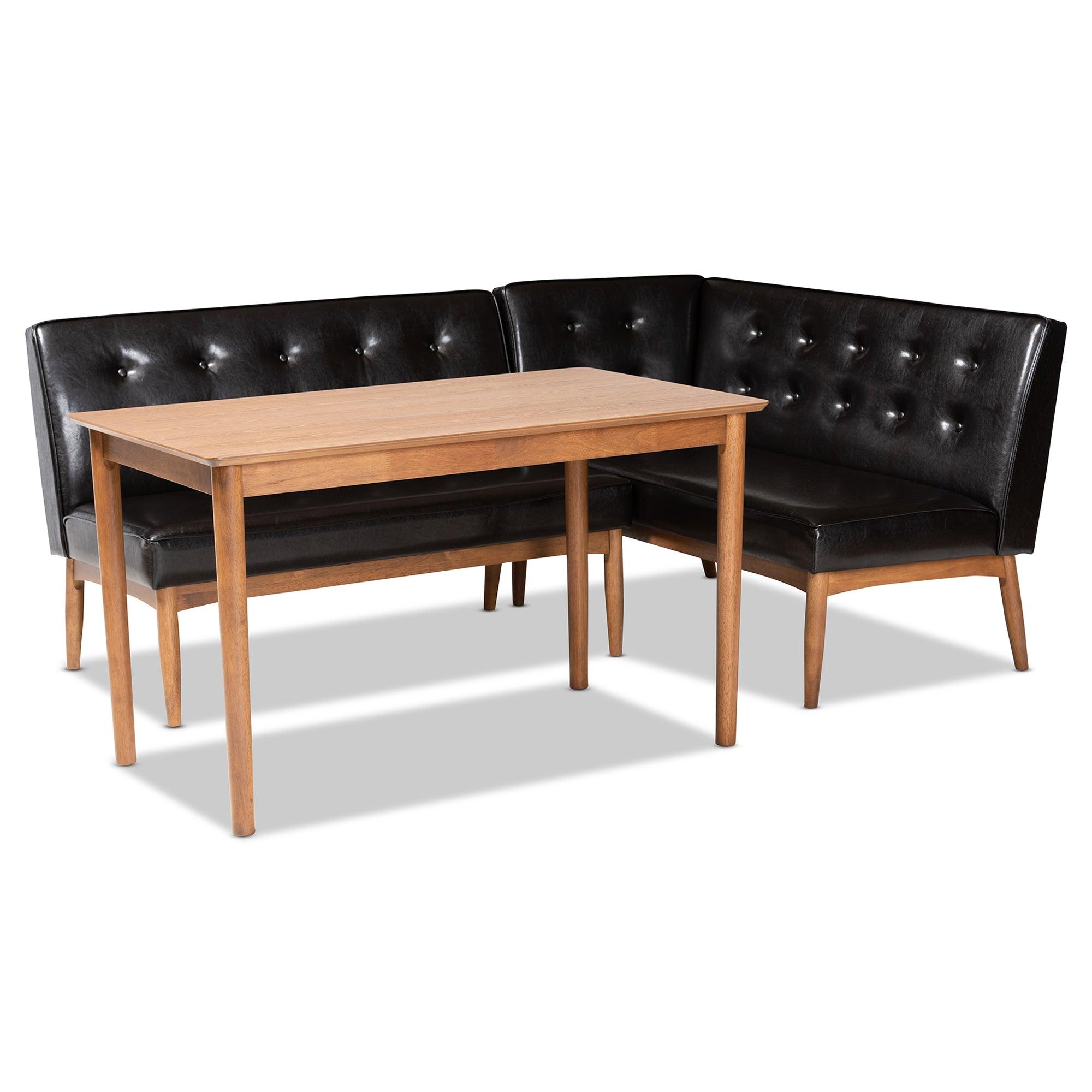 Arvid Mid-Century Modern Faux Leather Upholstered 3-Piece Wood Dining Nook Set