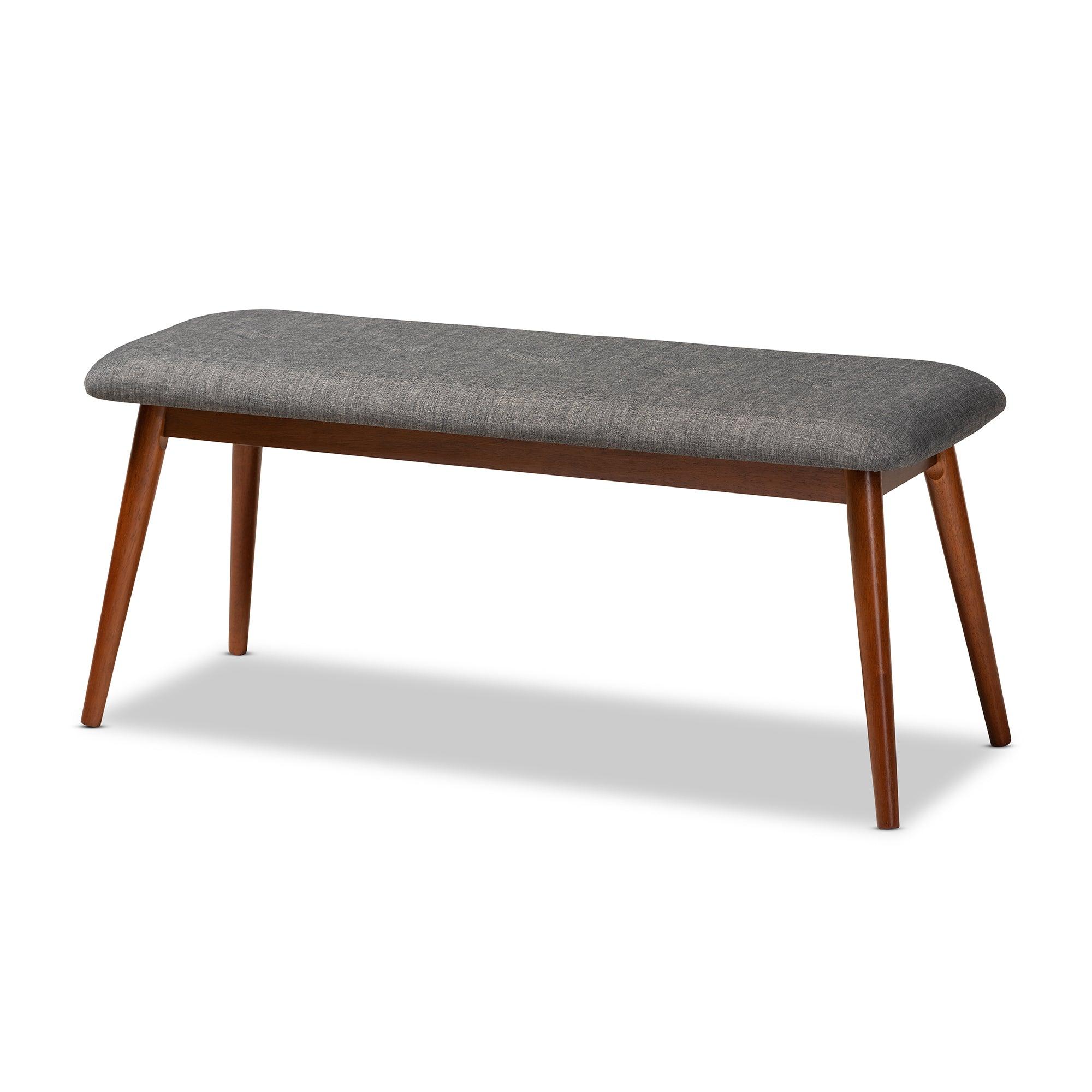 Flora II Mid-Century Modern Dark Fabric Upholstered Medium Finished Wood Dining Bench