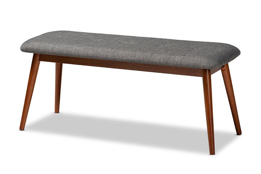 Flora II Mid-Century Modern Dark Fabric Upholstered Medium Finished Wood Dining Bench