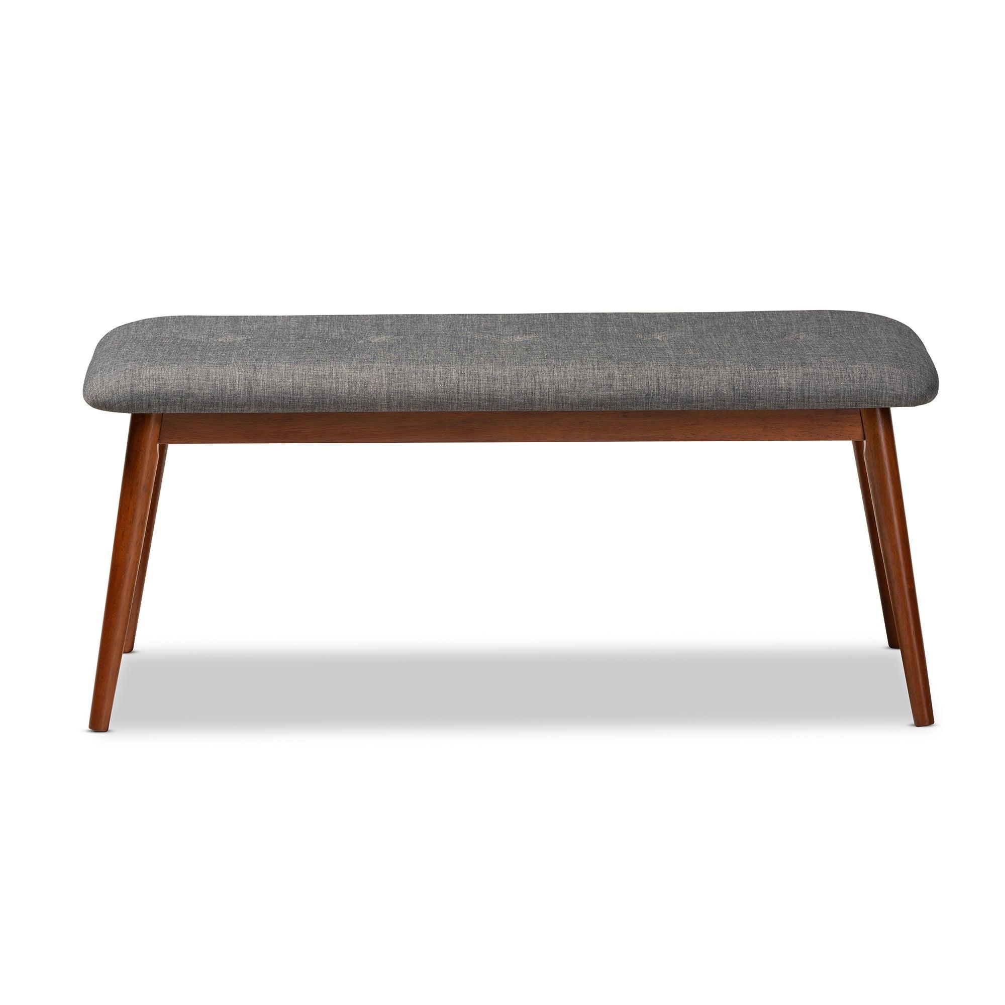 Flora II Mid-Century Modern Dark Fabric Upholstered Medium Finished Wood Dining Bench