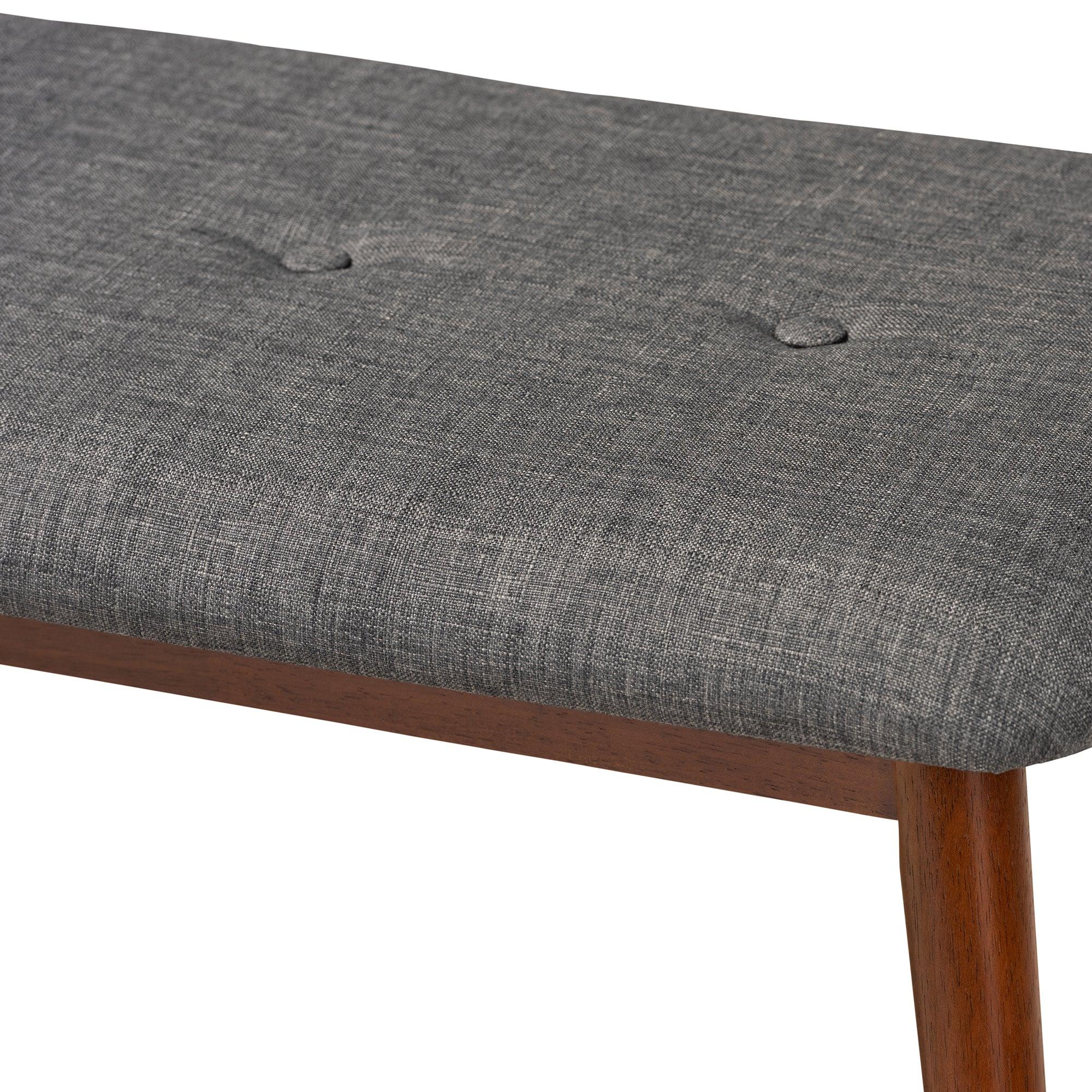 Flora II Mid-Century Modern Dark Fabric Upholstered Medium Finished Wood Dining Bench