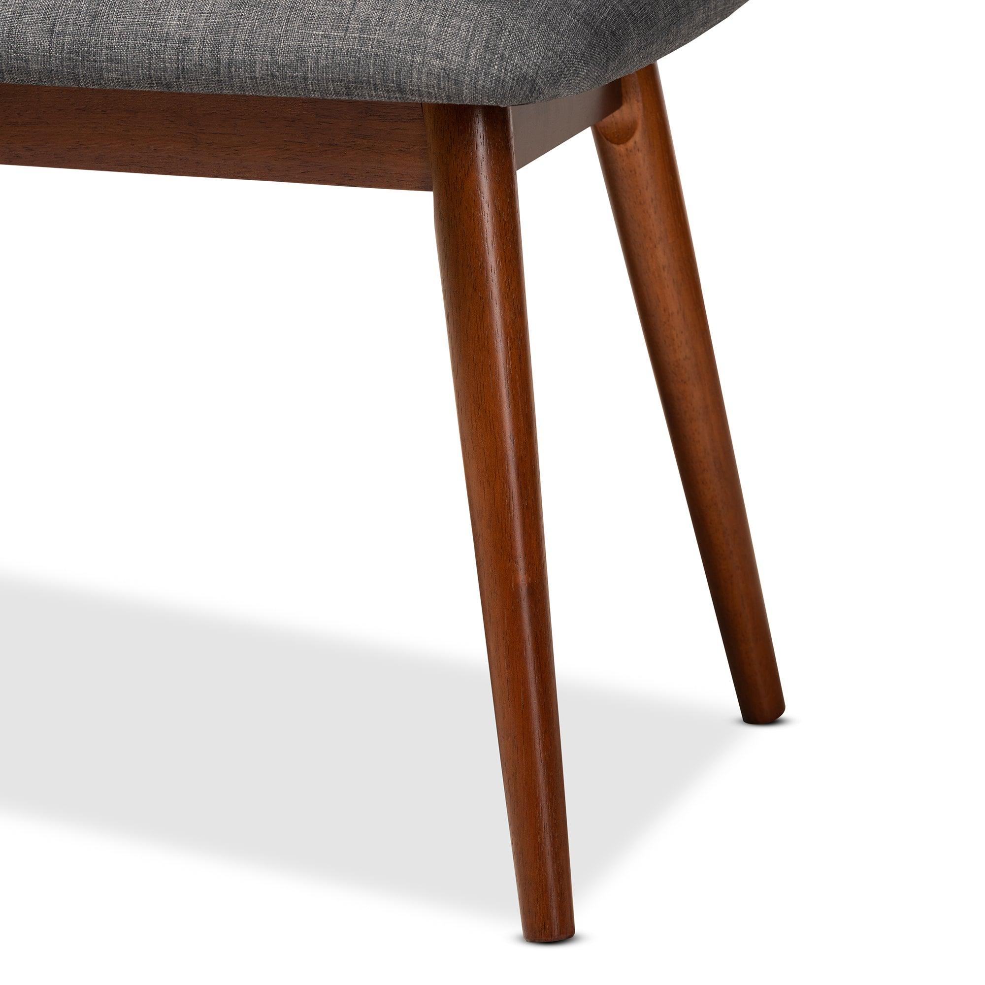 Flora II Mid-Century Modern Dark Fabric Upholstered Medium Finished Wood Dining Bench