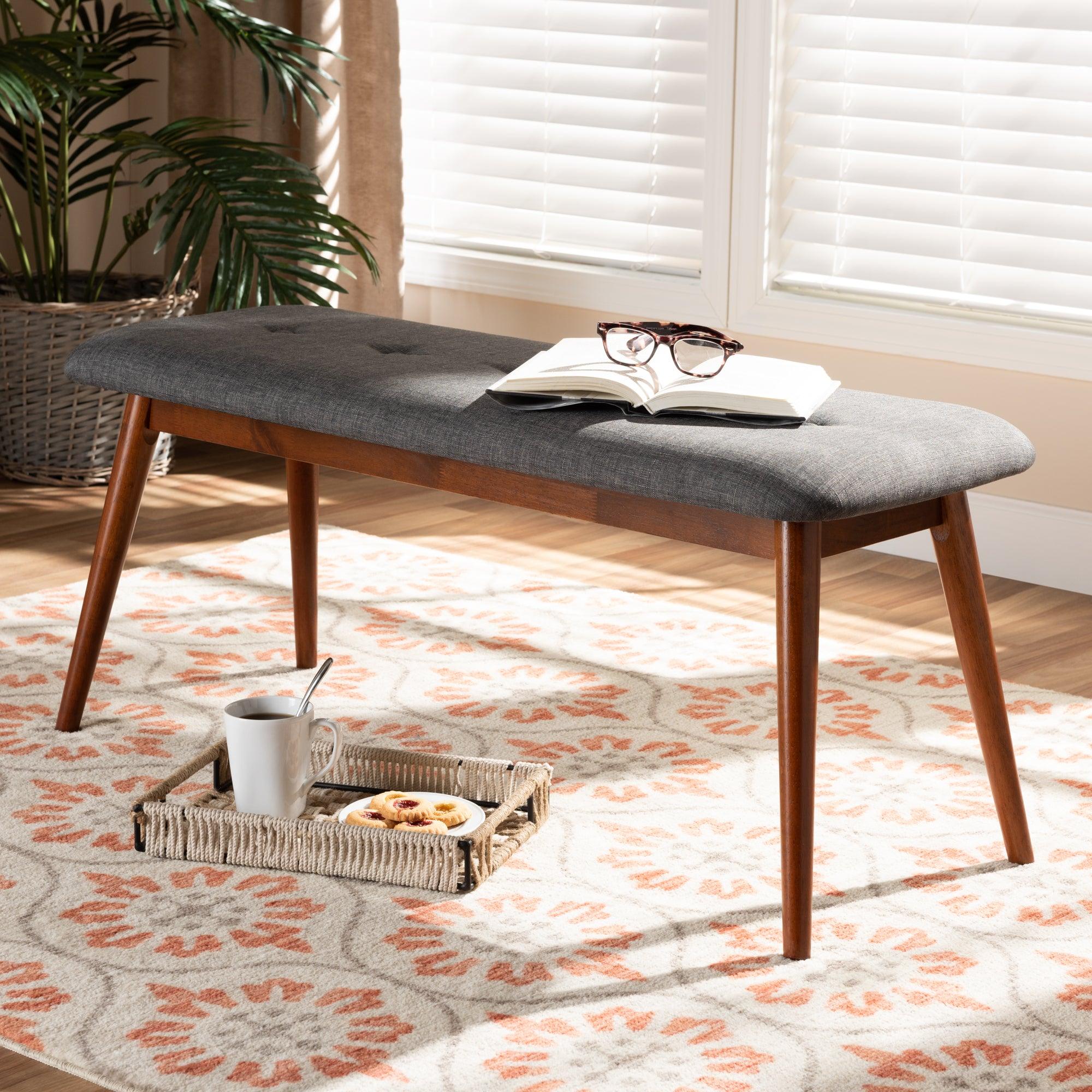 Flora II Mid-Century Modern Dark Fabric Upholstered Medium Finished Wood Dining Bench