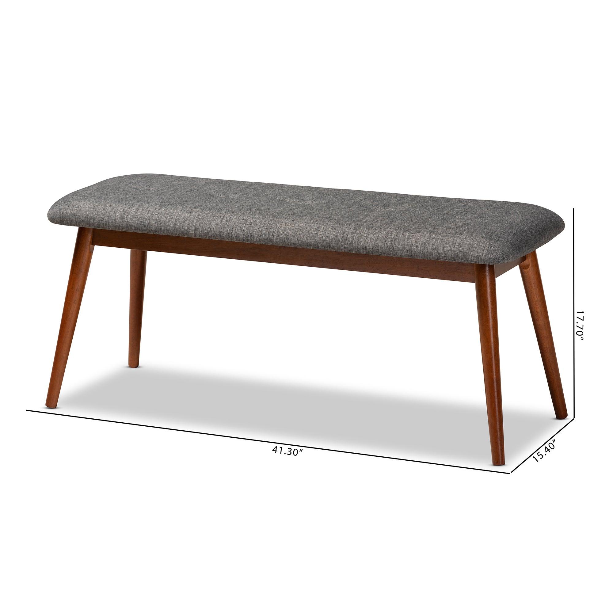 Flora II Mid-Century Modern Dark Fabric Upholstered Medium Finished Wood Dining Bench