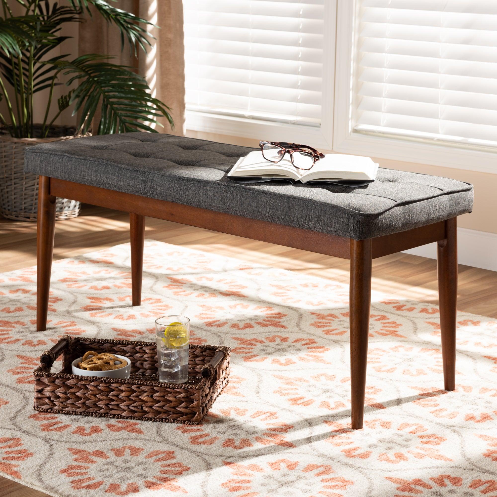 Itami Mid-Century Modern Dark Fabric Upholstered Medium Finished Wood Dining Bench