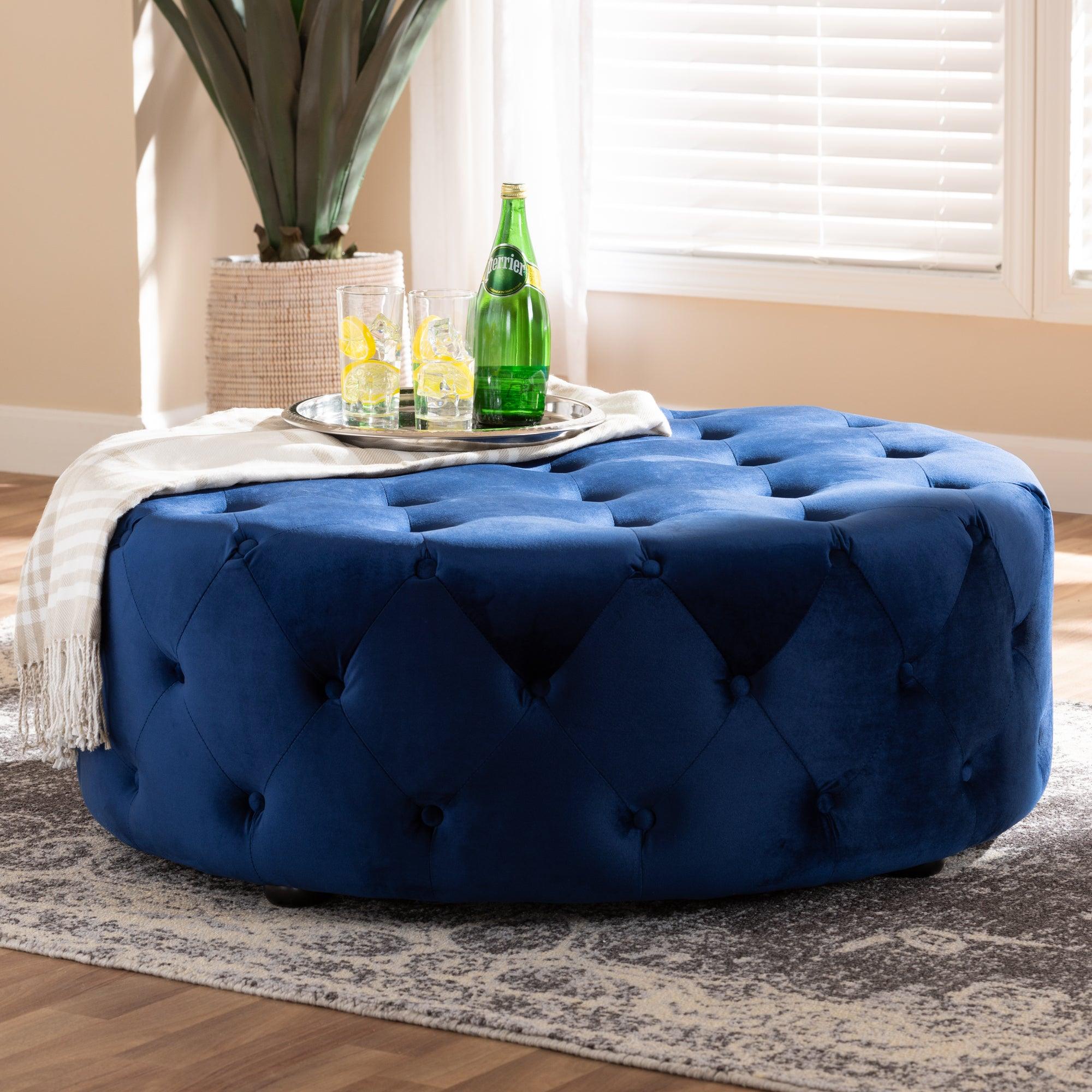 Cardiff Transitional Royal Velvet Fabric Upholstered Button Tufted Cocktail Ottoman