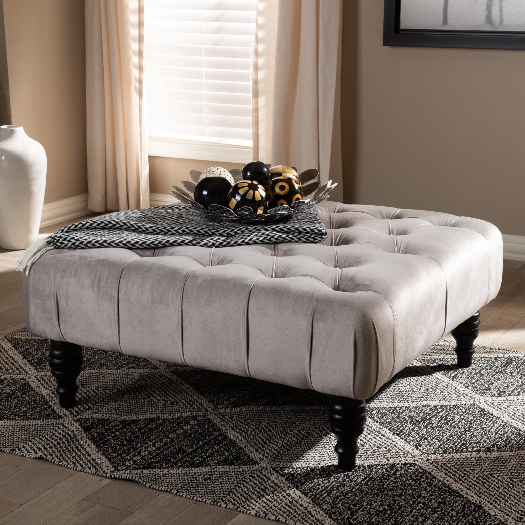 Keswick Transitional Velvet Fabric Upholstered Button Tufted Cocktail Ottoman