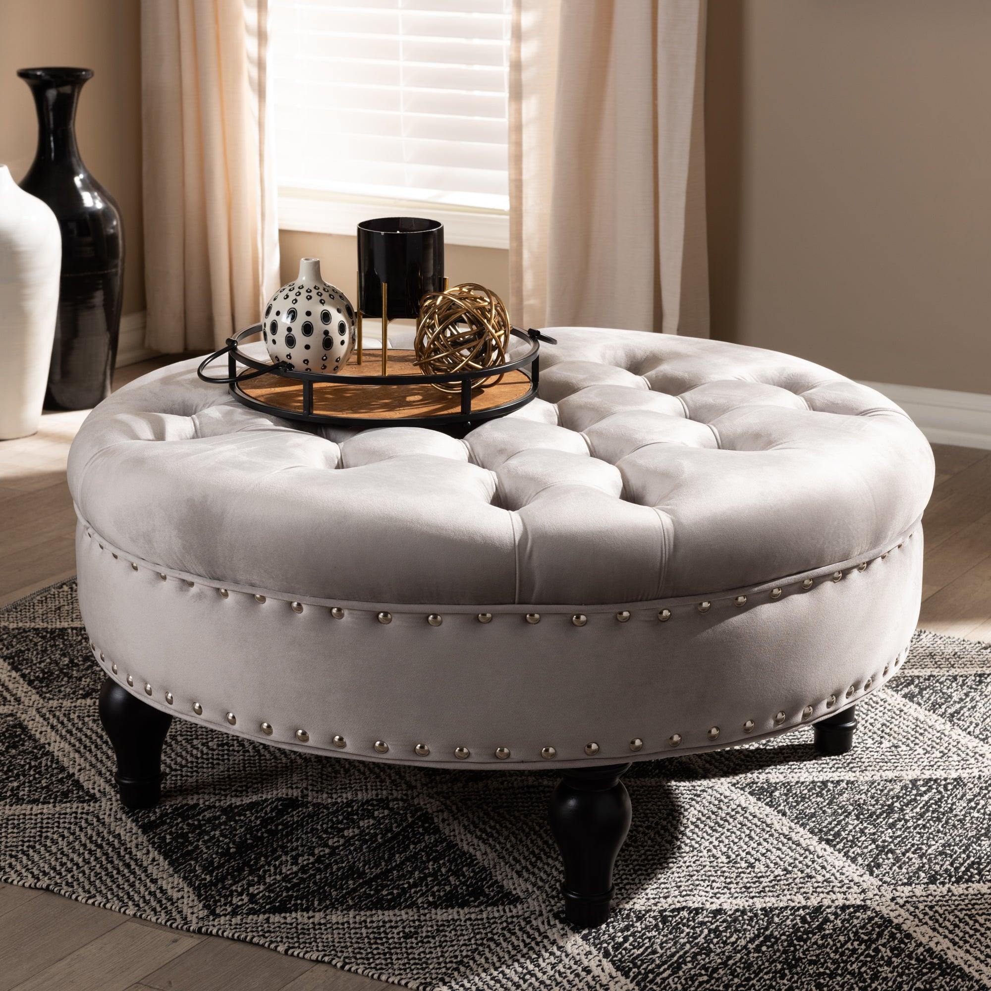 Palfrey Transitional Velvet Fabric Upholstered Button Tufted Cocktail Ottoman