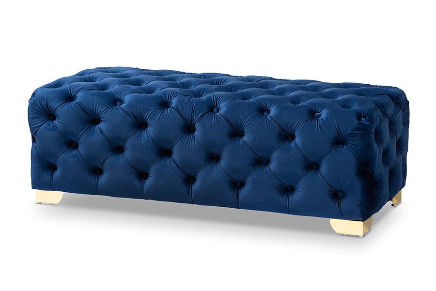 Avara Glam and Luxe Royal Velvet Fabric Upholstered Finished Button Tufted Bench Ottoman