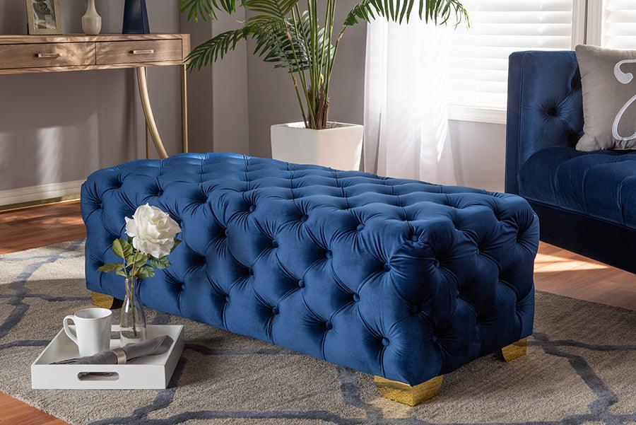 Avara Glam and Luxe Royal Velvet Fabric Upholstered Finished Button Tufted Bench Ottoman