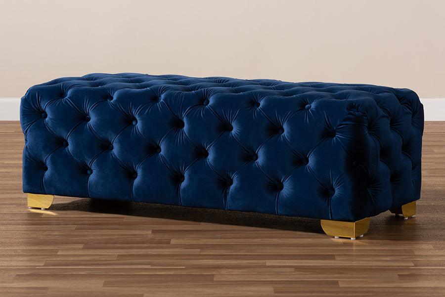 Avara Glam and Luxe Royal Velvet Fabric Upholstered Finished Button Tufted Bench Ottoman