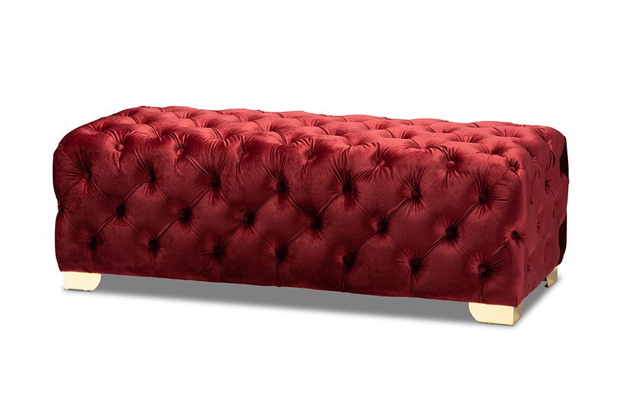 Avara Glam and Luxe Burgundy Velvet Fabric Upholstered Finished Button Tufted Bench Ottoman