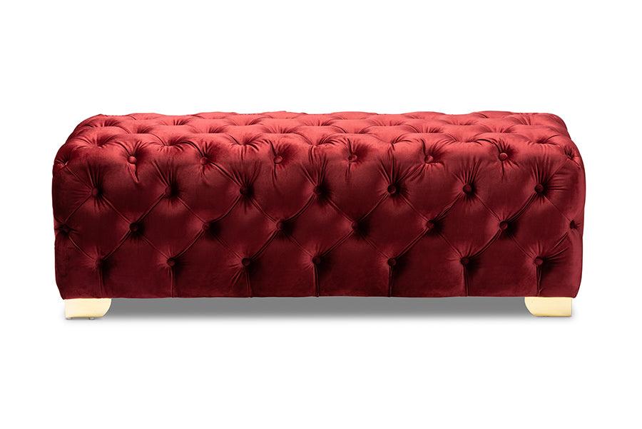 Avara Glam and Luxe Burgundy Velvet Fabric Upholstered Finished Button Tufted Bench Ottoman