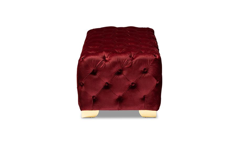 Avara Glam and Luxe Burgundy Velvet Fabric Upholstered Finished Button Tufted Bench Ottoman