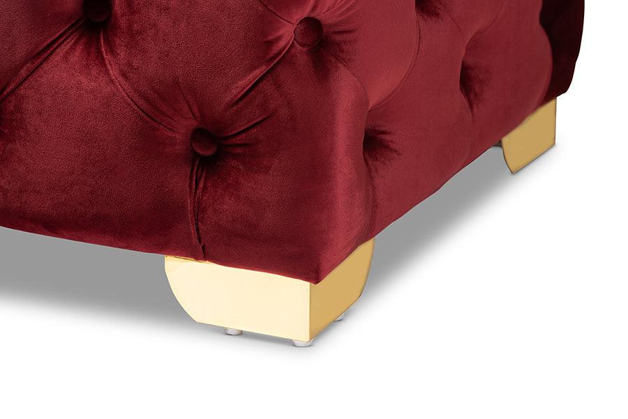 Avara Glam and Luxe Burgundy Velvet Fabric Upholstered Finished Button Tufted Bench Ottoman