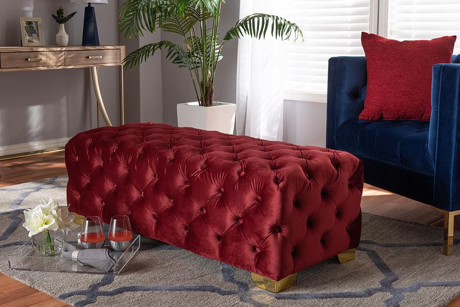 Avara Glam and Luxe Burgundy Velvet Fabric Upholstered Finished Button Tufted Bench Ottoman