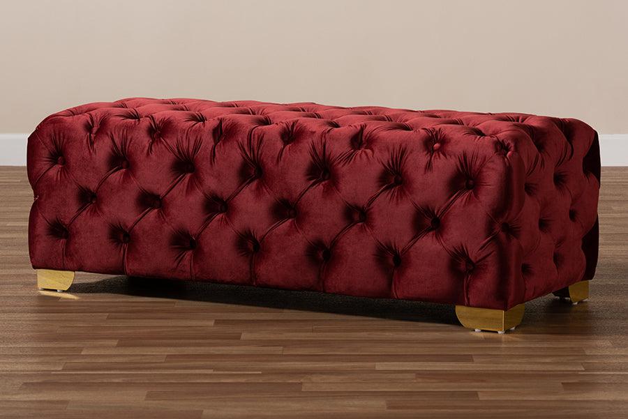 Avara Glam and Luxe Burgundy Velvet Fabric Upholstered Finished Button Tufted Bench Ottoman