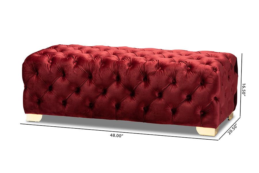 Avara Glam and Luxe Burgundy Velvet Fabric Upholstered Finished Button Tufted Bench Ottoman