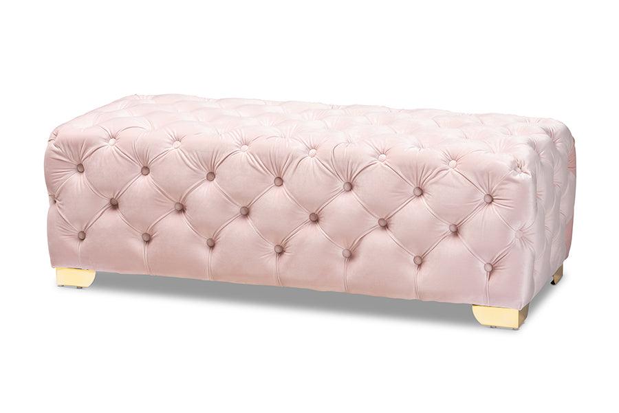 Avara Glam and Luxe Light Velvet Fabric Upholstered Finished Button Tufted Bench Ottoman