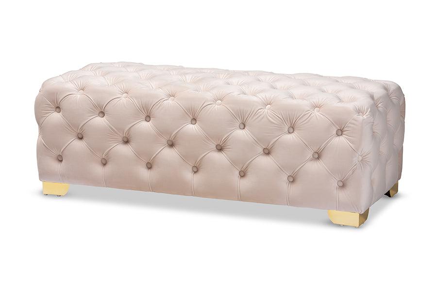 Avara Glam and Luxe Light Velvet Fabric Upholstered Finished Button Tufted Bench Ottoman