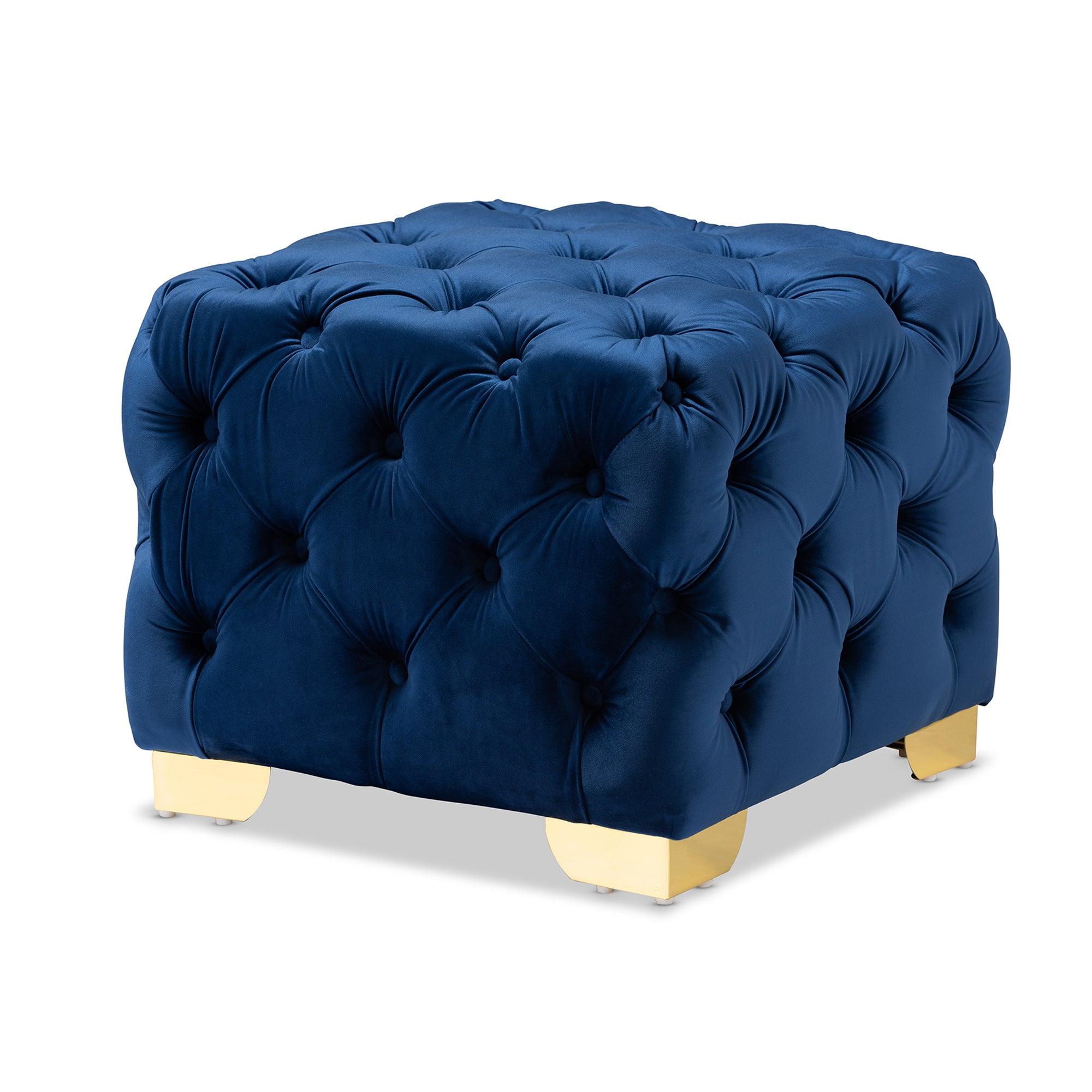 Avara Glam and Luxe Royal Velvet Fabric Upholstered Finished Button Tufted Ottoman