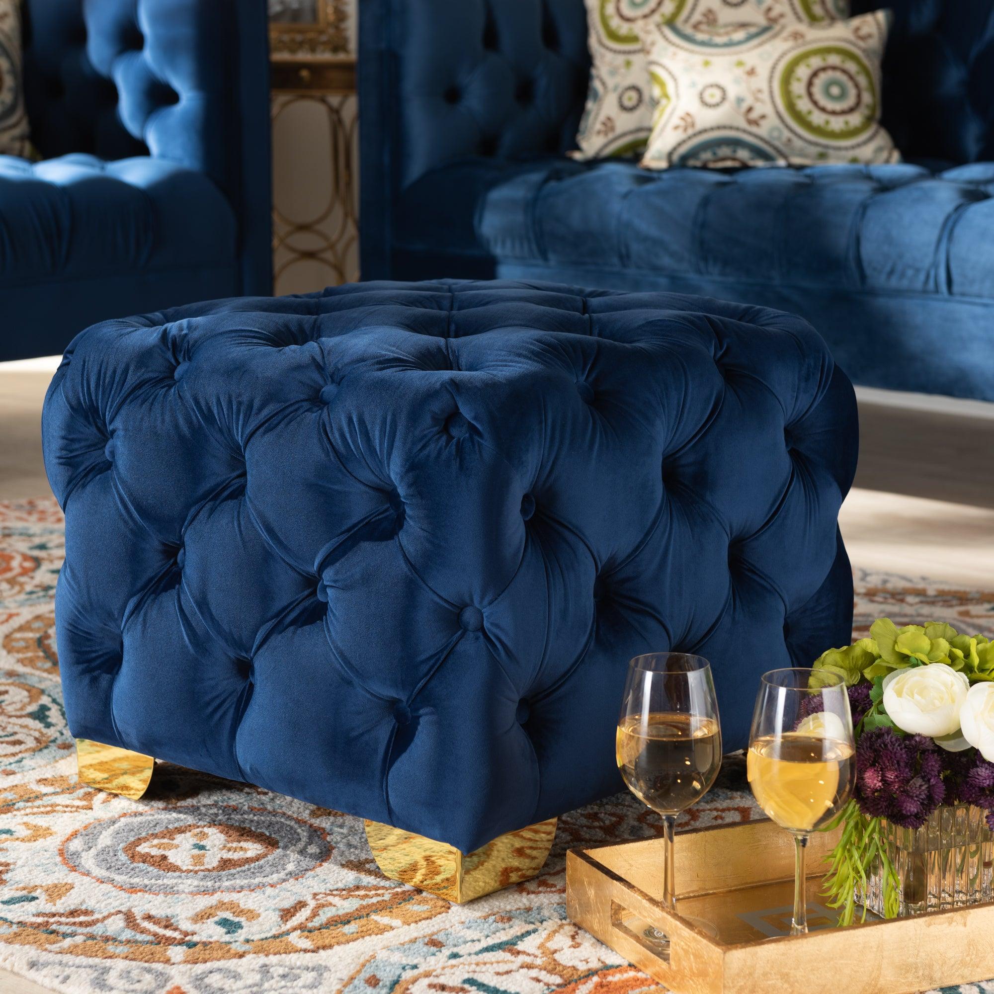 Avara Glam and Luxe Royal Velvet Fabric Upholstered Finished Button Tufted Ottoman