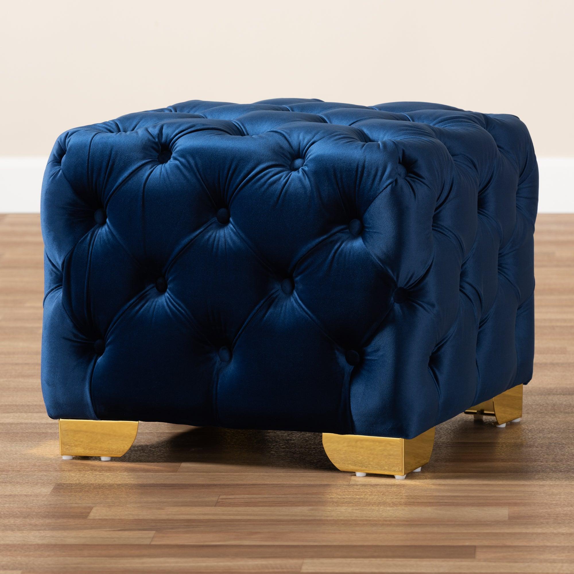 Avara Glam and Luxe Royal Velvet Fabric Upholstered Finished Button Tufted Ottoman