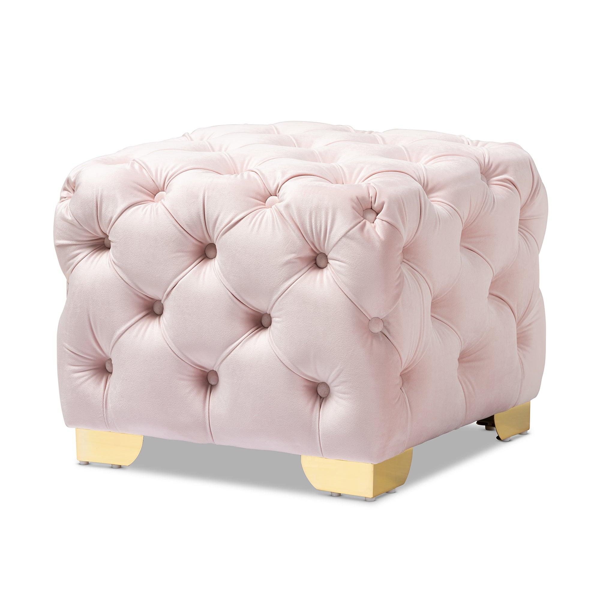 Avara Glam and Luxe Light Velvet Fabric Upholstered Finished Button Tufted Ottoman