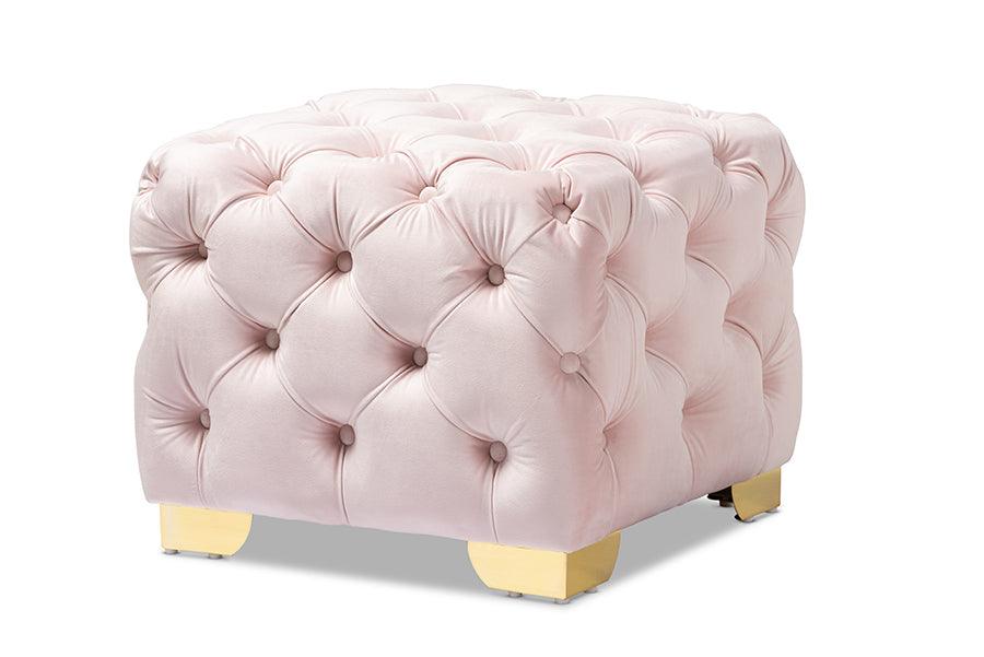 Avara Glam and Luxe Light Velvet Fabric Upholstered Finished Button Tufted Ottoman