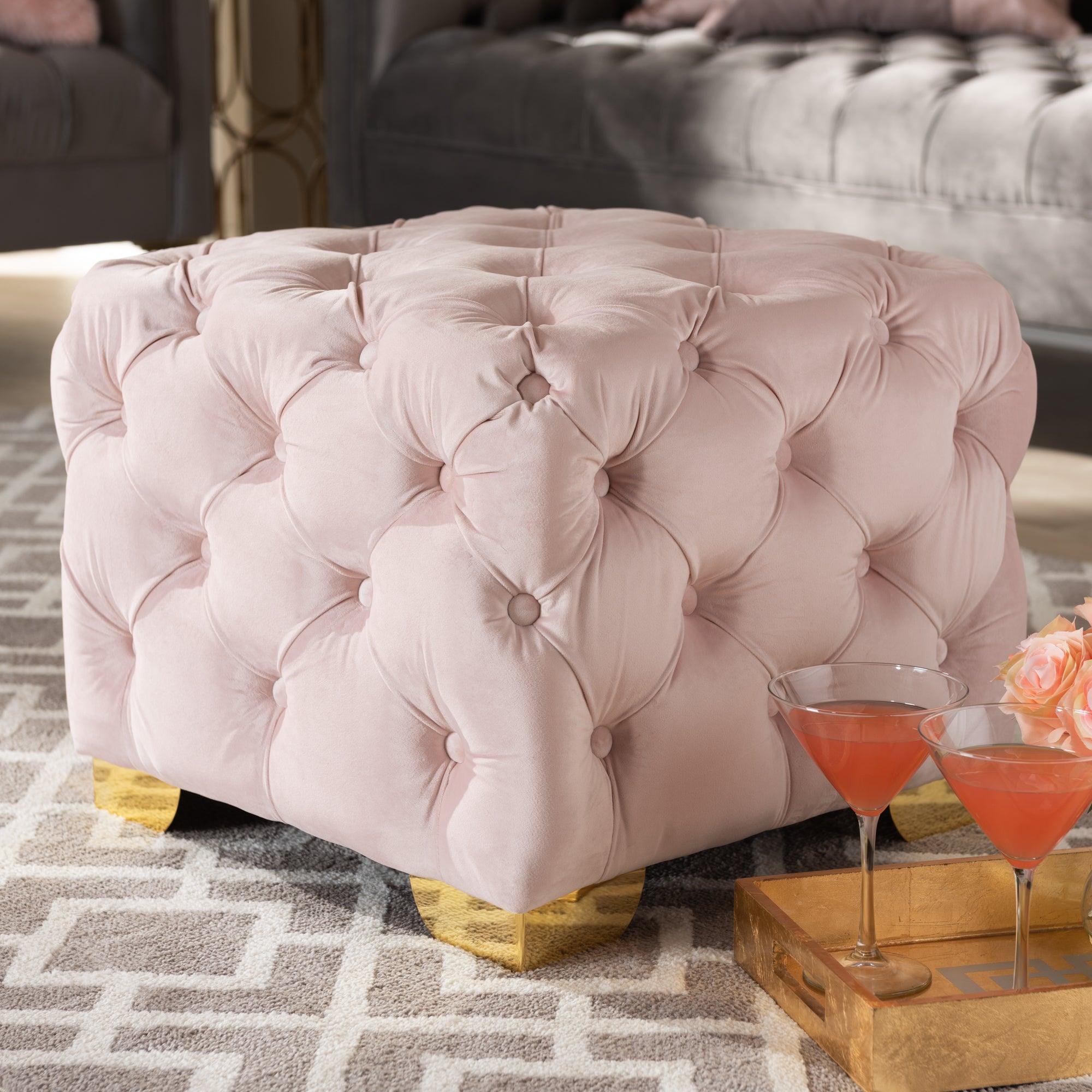 Avara Glam and Luxe Light Velvet Fabric Upholstered Finished Button Tufted Ottoman