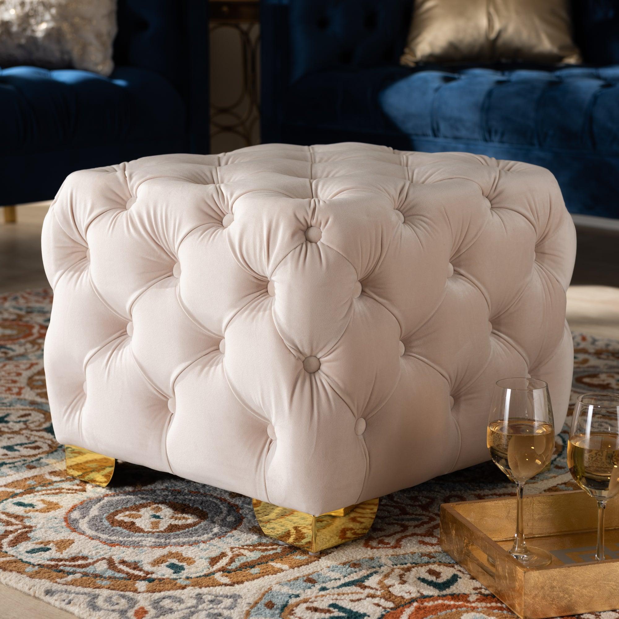 Avara Glam and Luxe Light Velvet Fabric Upholstered Finished Button Tufted Ottoman