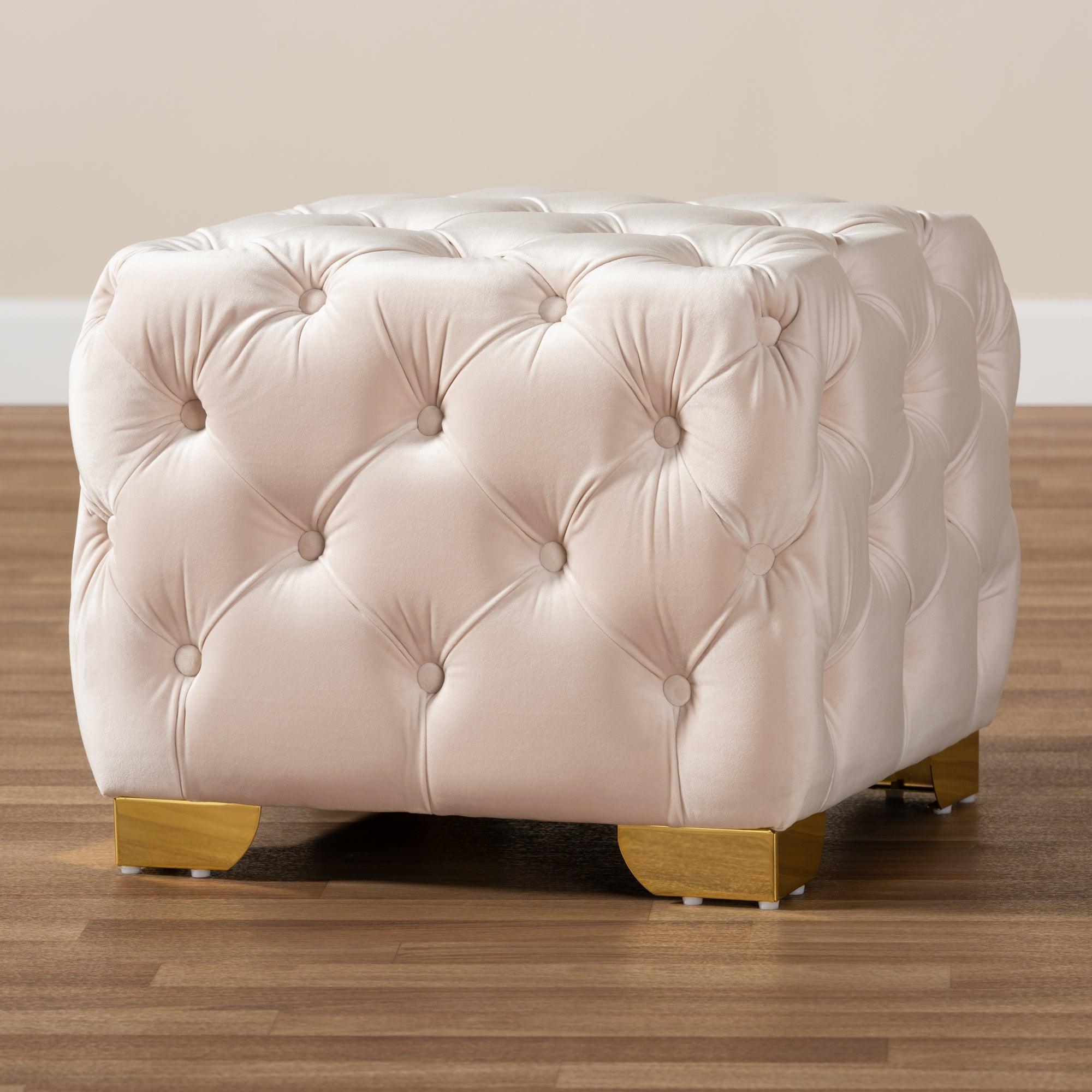 Avara Glam and Luxe Light Velvet Fabric Upholstered Finished Button Tufted Ottoman