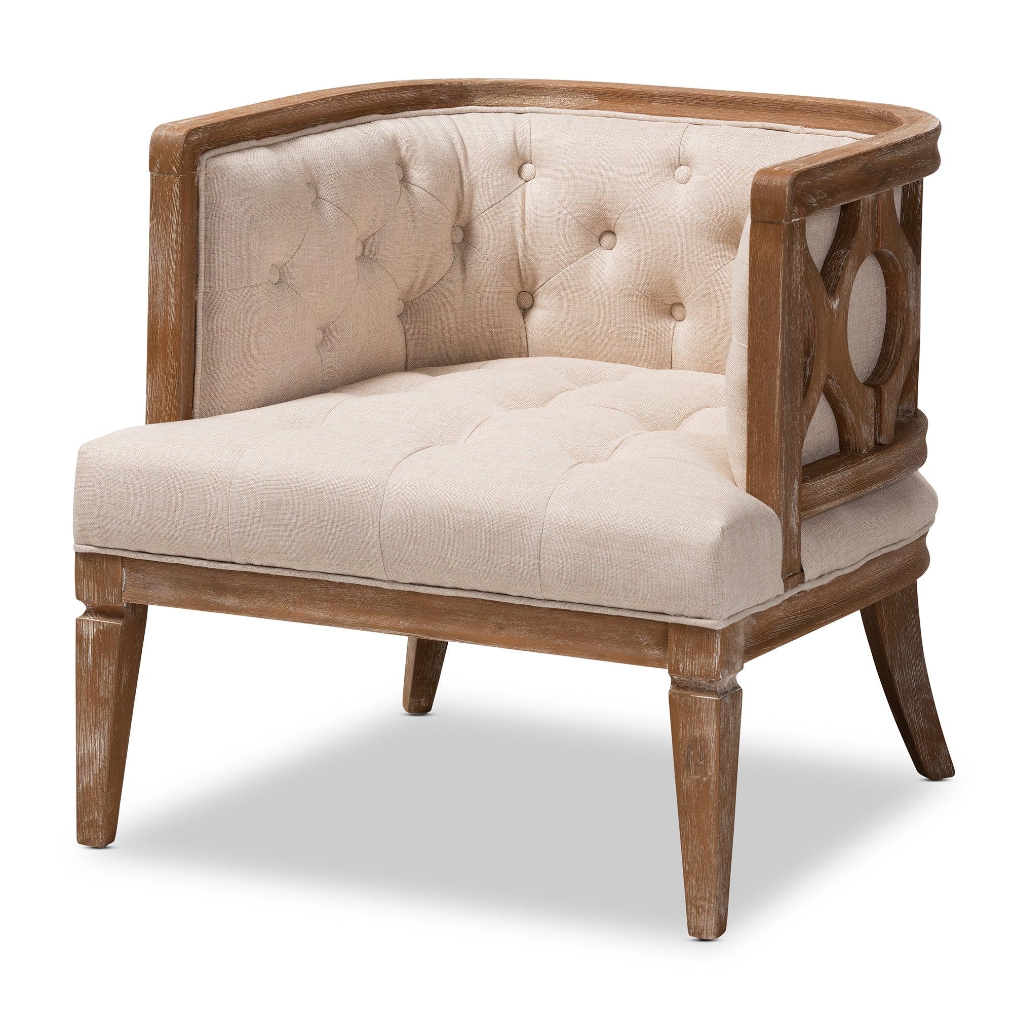 Esme French Provincial Linen Fabric Upholstered and -Washed Wood Accent Barrel Chair