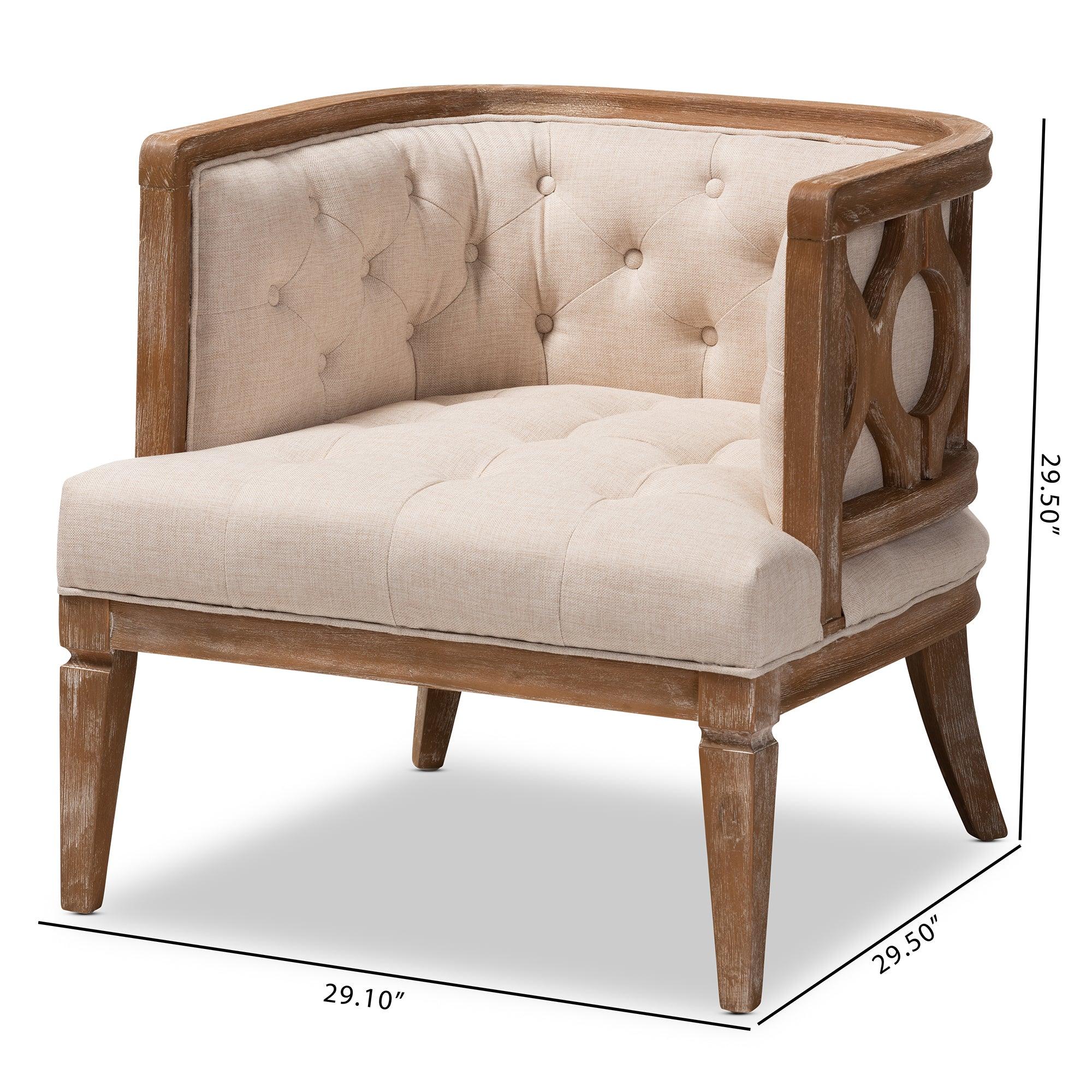 Esme French Provincial Linen Fabric Upholstered and -Washed Wood Accent Barrel Chair