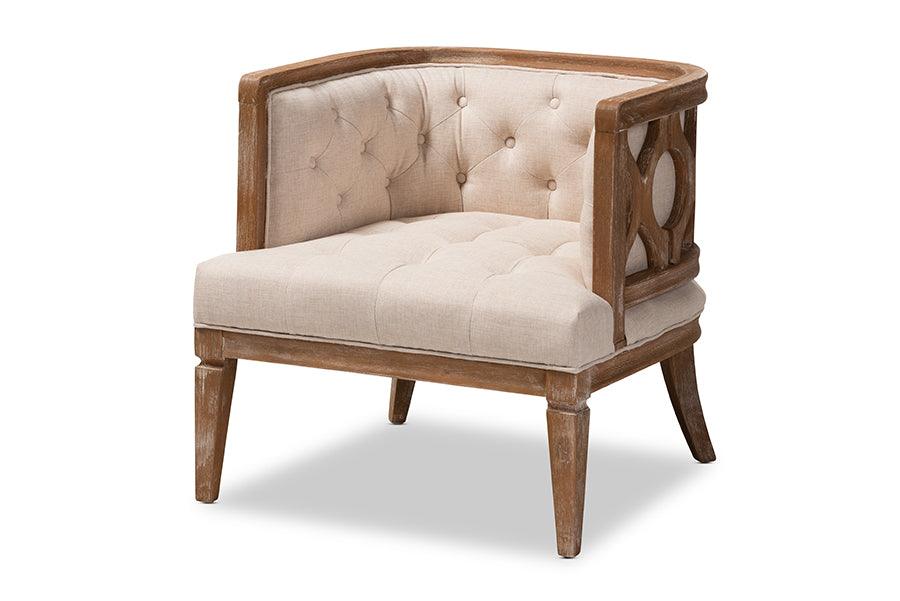 Esme French Provincial Linen Fabric Upholstered and -Washed Wood Accent Barrel Chair