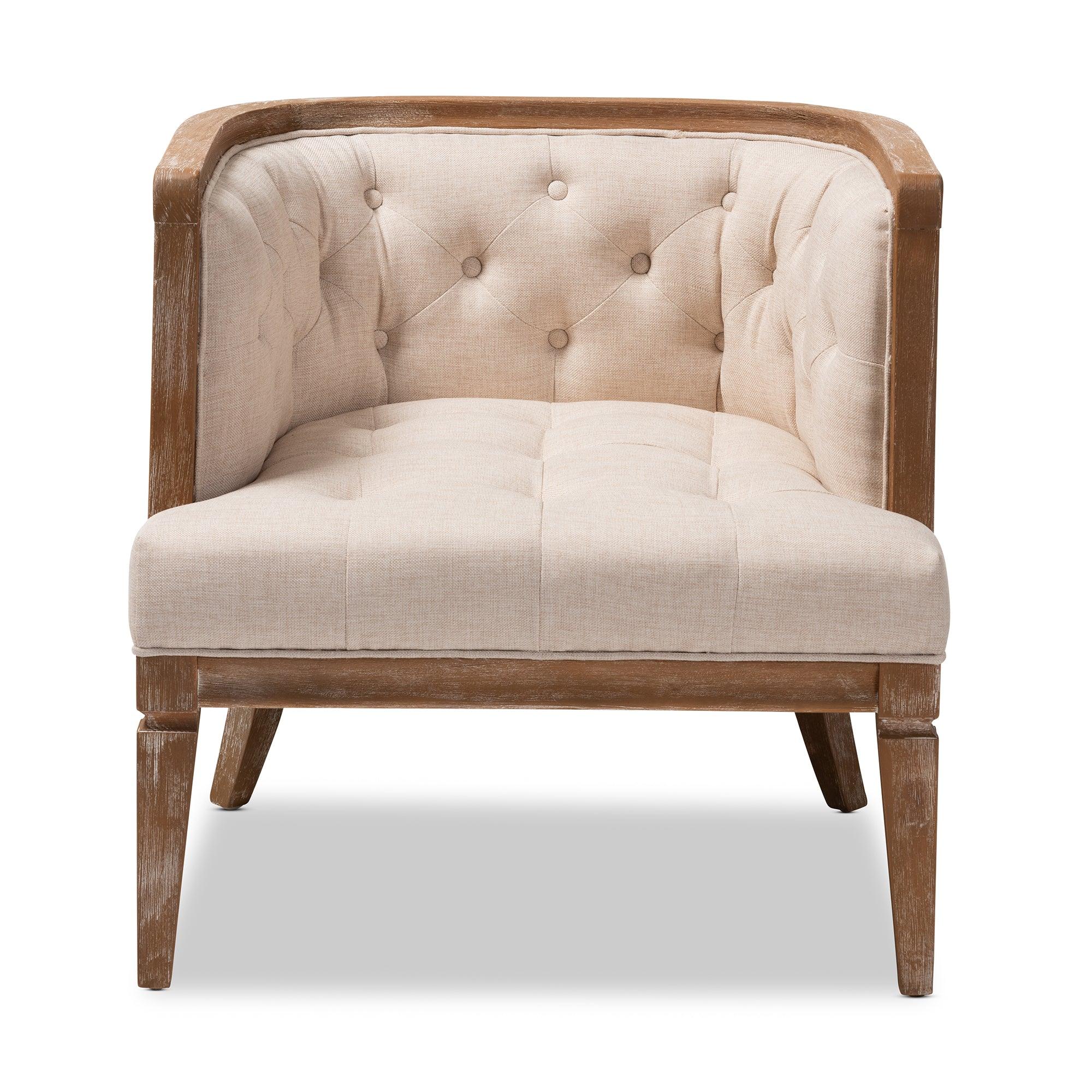 Esme French Provincial Linen Fabric Upholstered and -Washed Wood Accent Barrel Chair