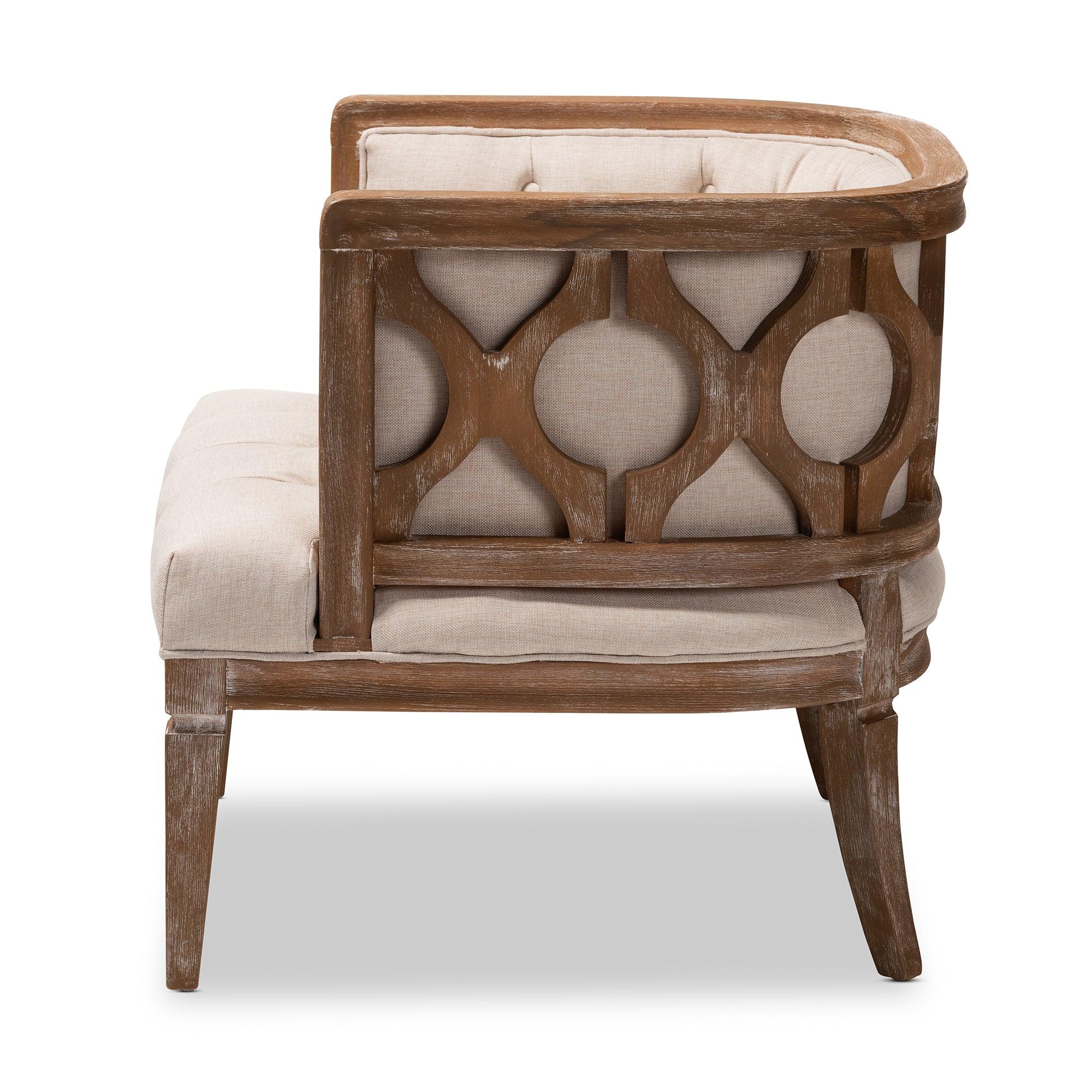 Esme French Provincial Linen Fabric Upholstered and -Washed Wood Accent Barrel Chair