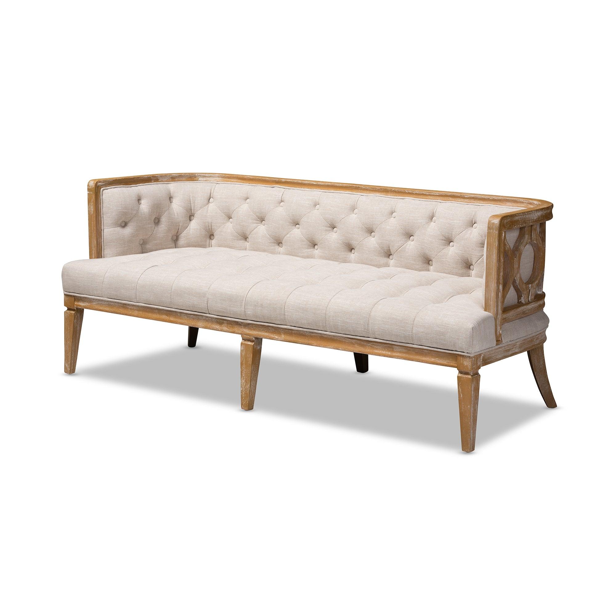 Agnes French Provincial Linen Fabric Upholstered and -Washed Wood Sofa