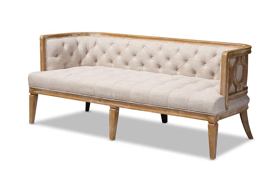 Agnes French Provincial Linen Fabric Upholstered and -Washed Wood Sofa