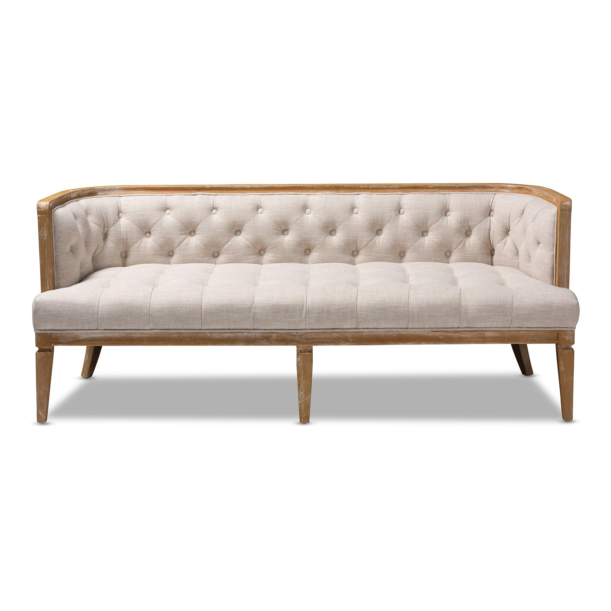 Agnes French Provincial Linen Fabric Upholstered and -Washed Wood Sofa