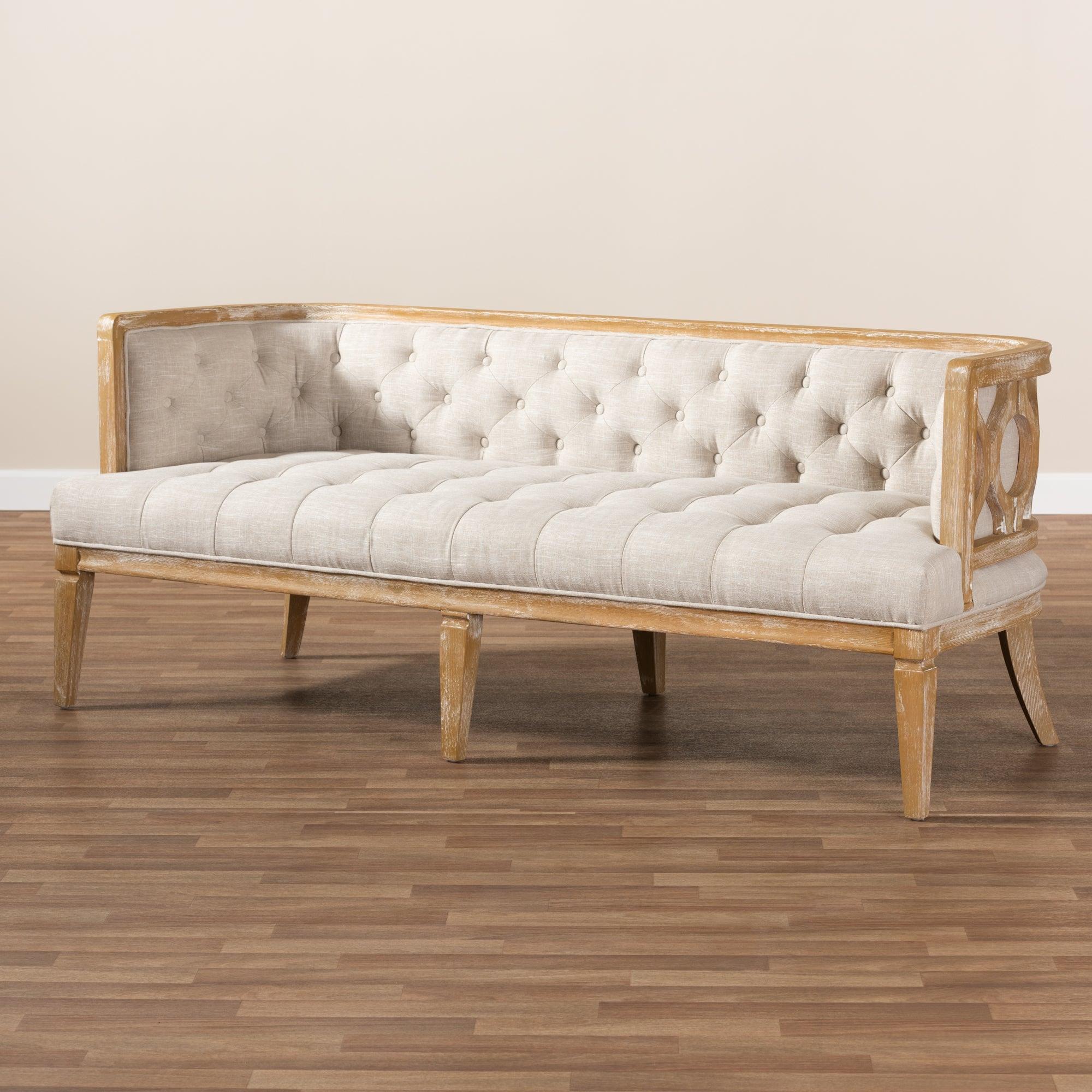 Agnes French Provincial Linen Fabric Upholstered and -Washed Wood Sofa