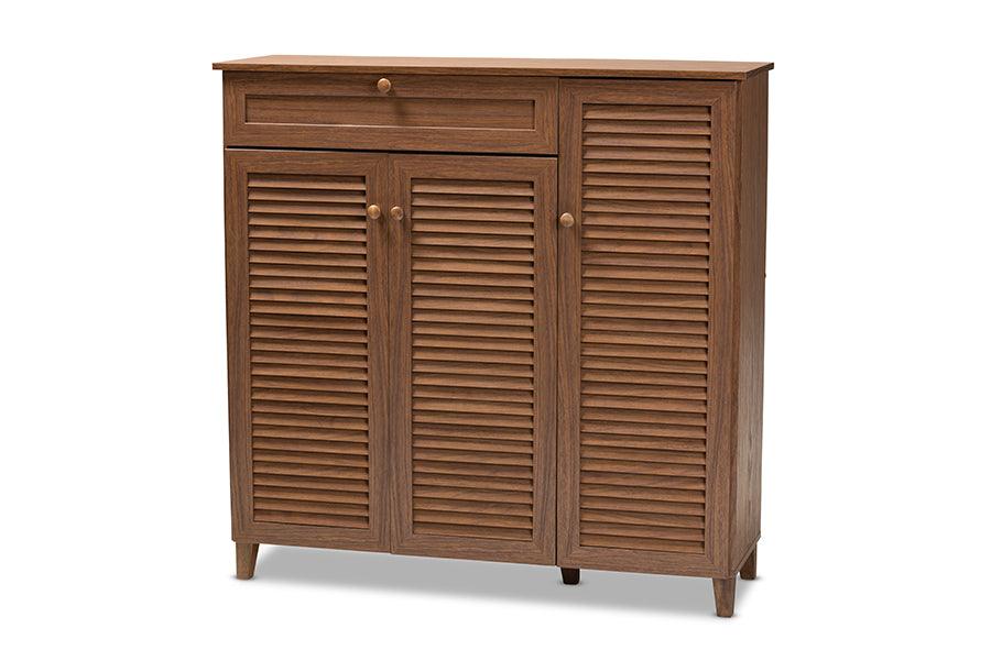 Coolidge Modern and Contemporary Finished 11-Shelf Wood Shoe Storage Cabinet with Drawer