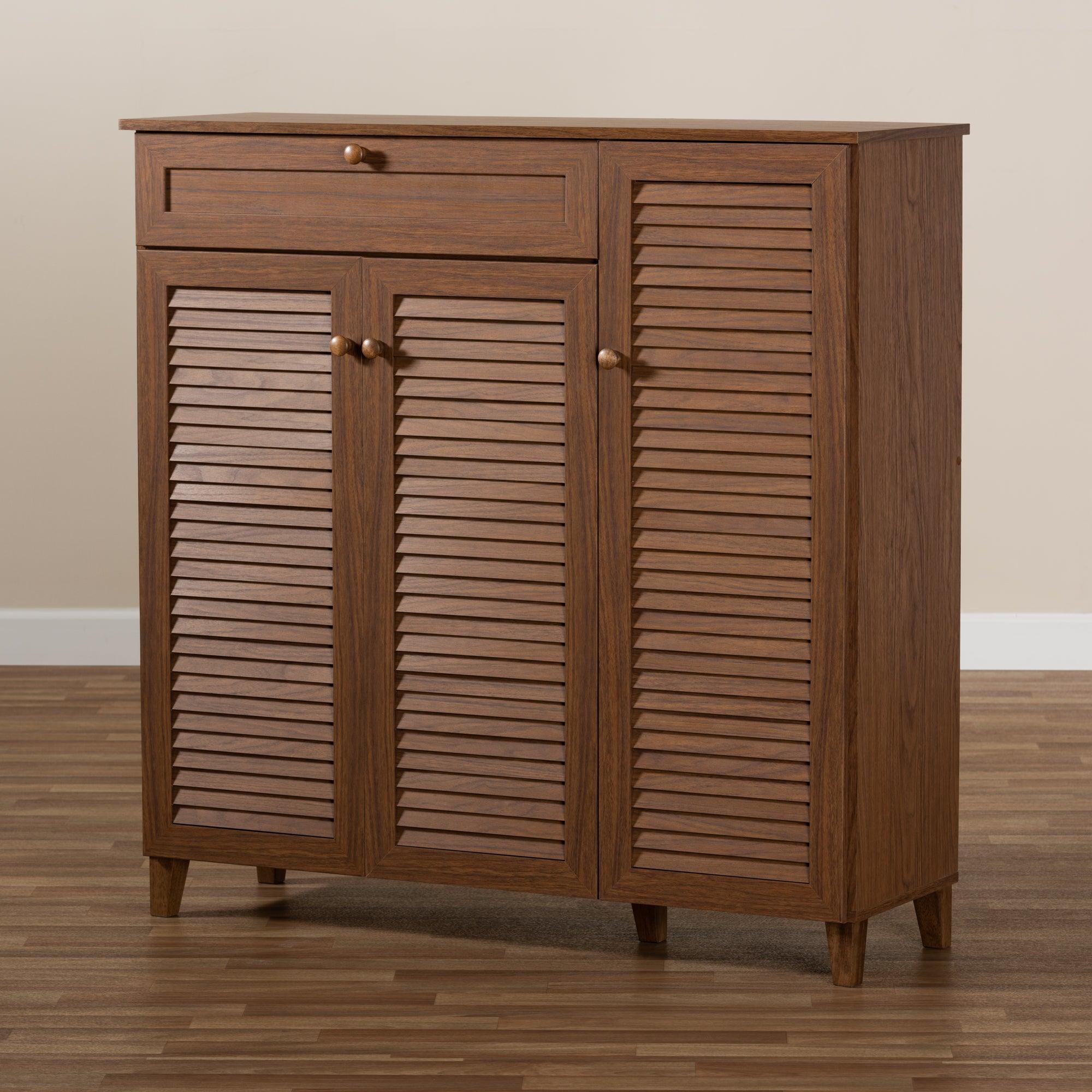 Coolidge Modern and Contemporary Finished 11-Shelf Wood Shoe Storage Cabinet with Drawer