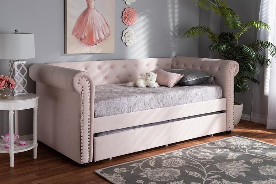 Mabelle Modern and Contemporary Light Velvet Upholstered Daybed with Trundle