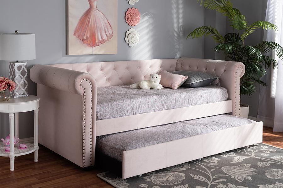 Mabelle Modern and Contemporary Light Velvet Upholstered Daybed with Trundle