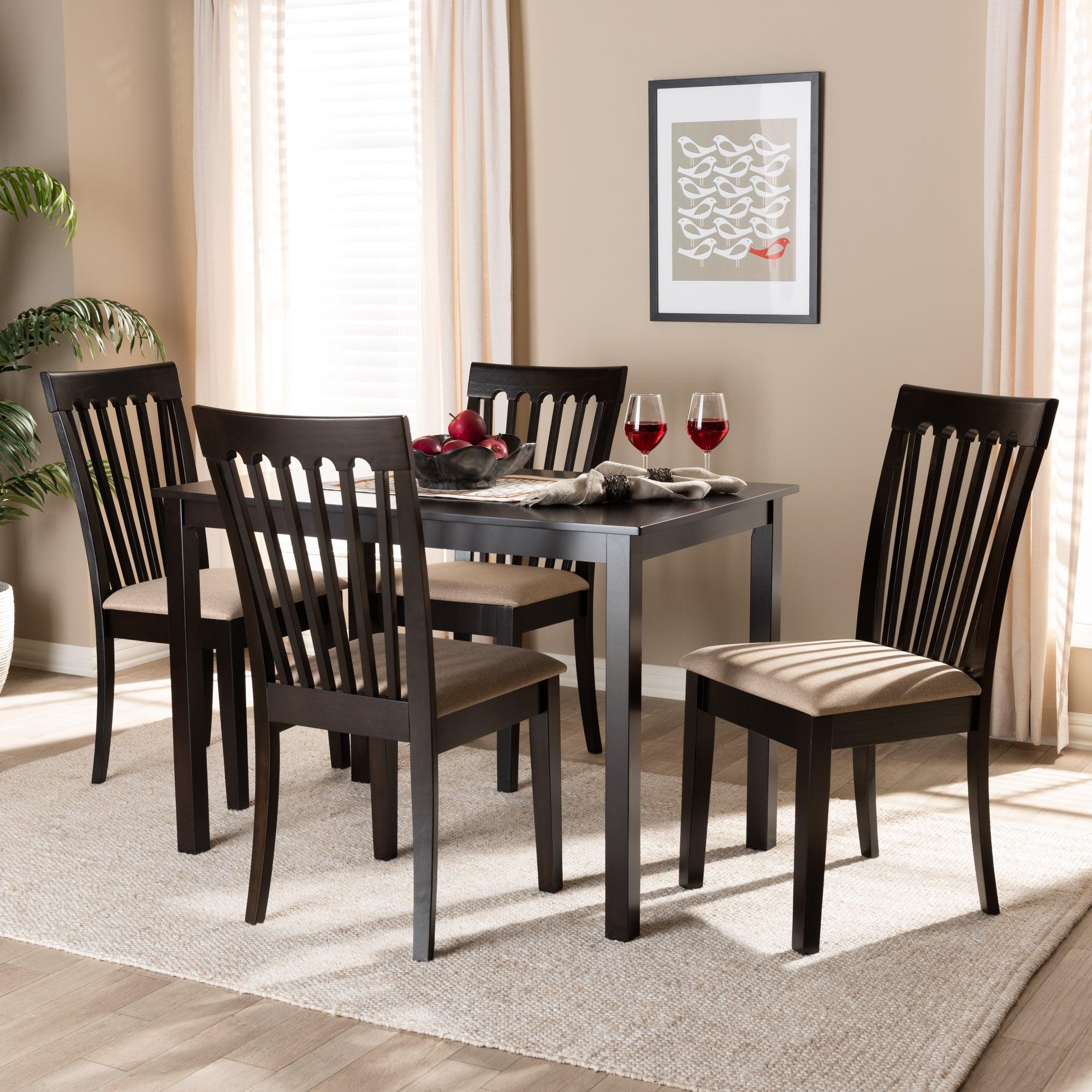 Minette Modern and Contemporary Sand Fabric Upholstered Espresso Finished Wood 5-Piece Dining Set