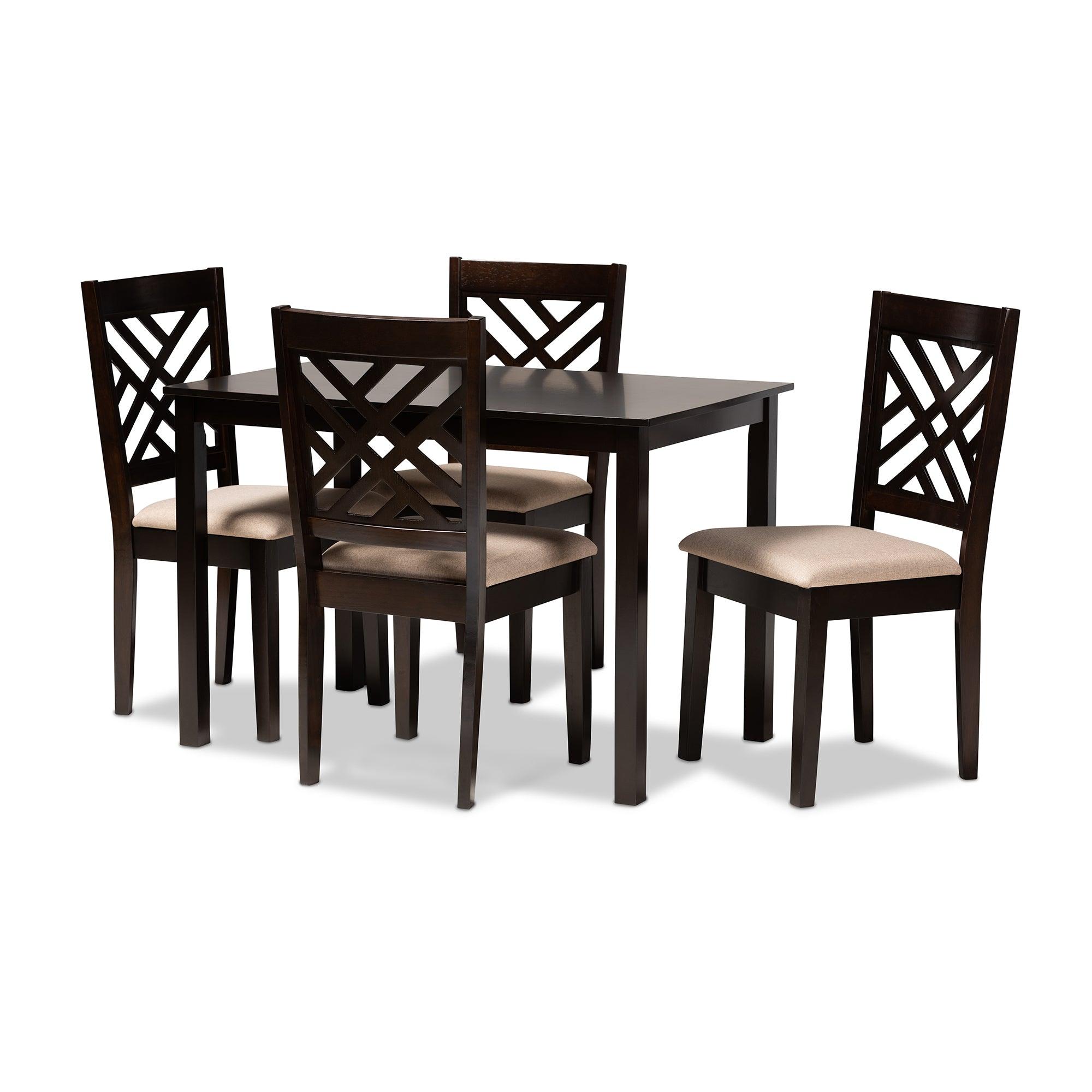 Caron Modern and Contemporary Sand Fabric Upholstered Espresso Finished Wood 5-Piece Dining Set