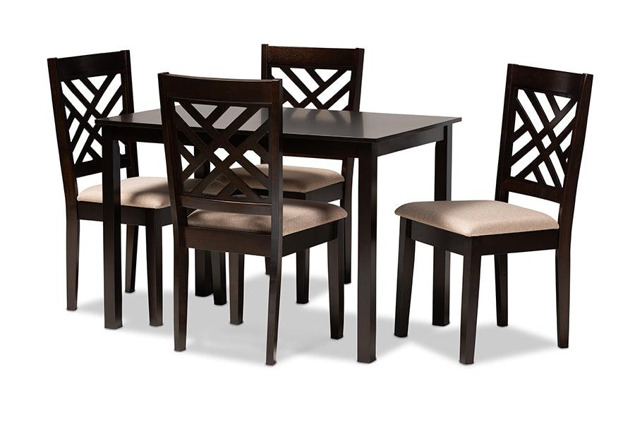 Caron Modern and Contemporary Sand Fabric Upholstered Espresso Finished Wood 5-Piece Dining Set